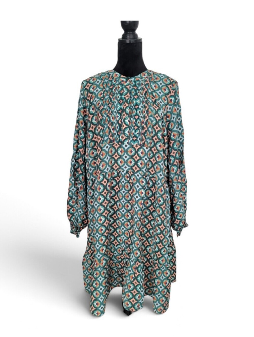 Terra & Sky Teal and Peach Geometric Long-Sleeve Midi Dress